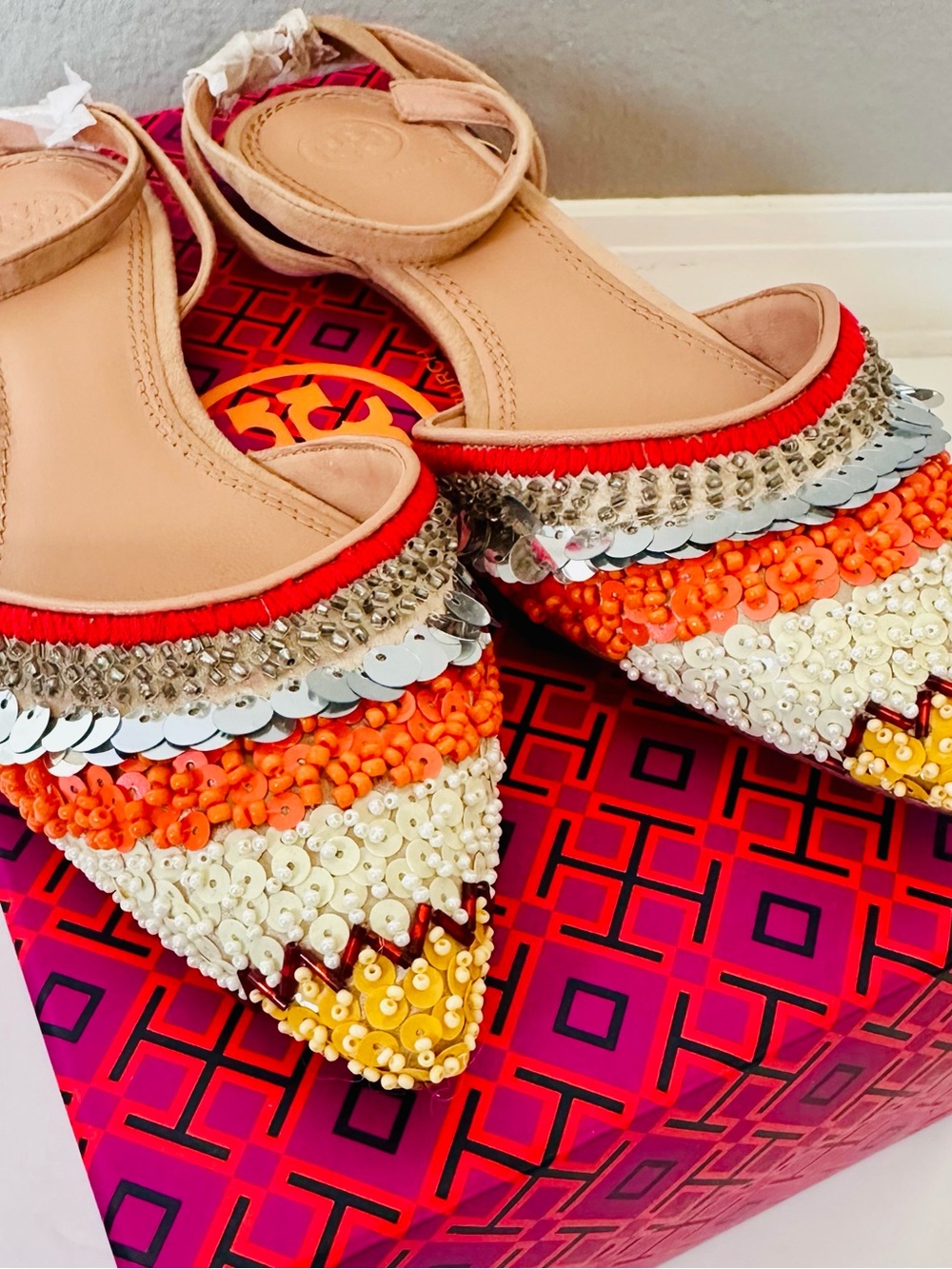 NIB Tory Burch Beaded Pointed-Toe Flats Ankle Strap Leather